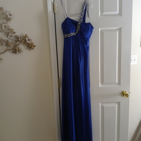 Royal Blue Empire Waist One-Shoulder Formal Gown Long Floor Length - Picture 4 of 5